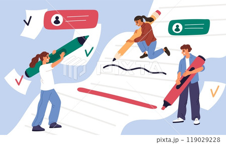 People sign document with big pens. Men and women mark items in checklist. Tiny businessman holding huge marker or and pencil. Work agreement. Creation process. Garish vector concept 119029228