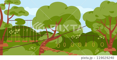 Rope park landscape. Adventure attraction with suspension bridges and walkways. Climbing trees. Rings and logs. Overcoming obstacle. Mountaineering playground. Garish vector concept 119029240