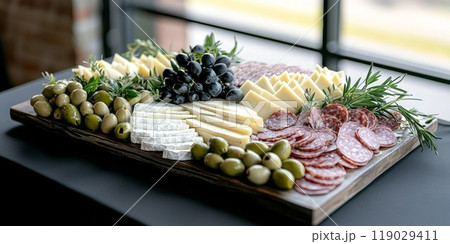 Assorted Sliced Cheese and Meat Snacks on Wooden Board for Wine Tasting 119029411