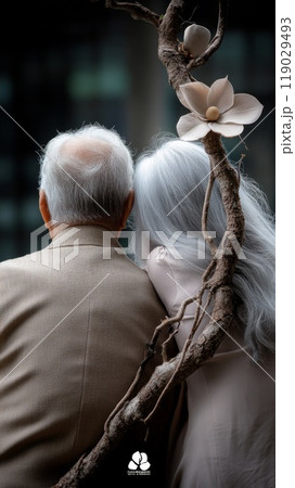 Grandparents sitting in front of the house on a bench. 119029493