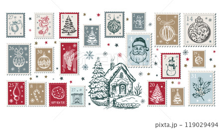 Advent calendar, Christmas Stamps, mail, postcard hand drawn illustrations.	 Advent calendar, Christmas Stamps, mail, postcard hand drawn illustrations.	 119029494