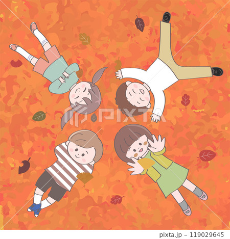 秋の葉っぱの絨毯で頭を寄せ合っている子どもたちのイラスト 119029645