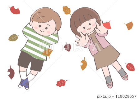 落ち葉に寝転ぶ子どもたちのイラスト 119029657