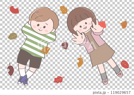 Illustration of children lying on fallen leaves Illustration of children lying on fallen leaves 119029657
