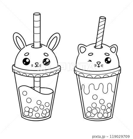 Cute outline glass of Bubble Tea Rabbit and cat with straw. Isolated funny cartoon kawaii character drink. Line drawing, coloring book. Vector illustration. Kids collection. 119029709