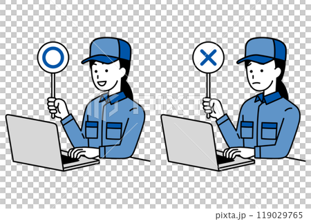 ○×マークを上げるノートパソコンで仕事をしているつなぎ作業服の女性 119029765