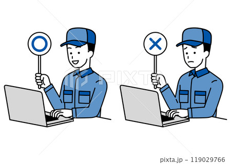 ○×マークを上げるノートパソコンで仕事をしているつなぎ作業服の男性 119029766