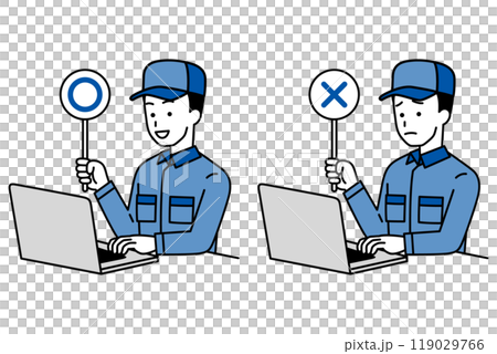 ○×マークを上げるノートパソコンで仕事をしているつなぎ作業服の男性 119029766