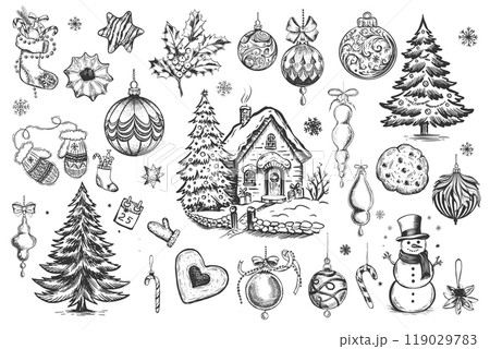 Christmas set with bell, tree, snowman, in sketch style. Hand drawn illustration. Christmas set with bell, tree, snowman, in sketch style. Hand drawn illustration. 119029783