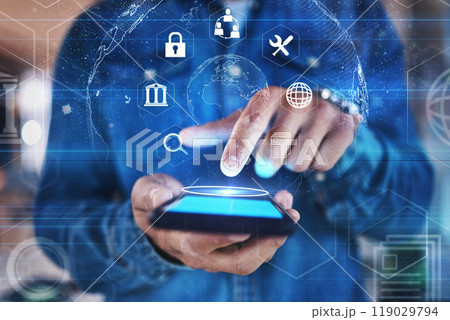 Phone in hand, lock and cybersecurity overlay to show futuristic hologram, data safety or software developer with mobile app, technology and innovation. Ux, cyber security and future of fintech 119029794