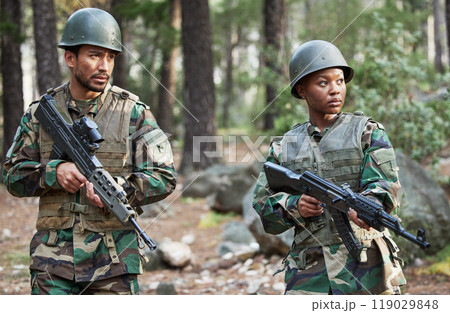 Gun, army and people in forest for training, outdoor shooting range and military exercise, mission and focus. Rifle, soldier teamwork or warrior man and woman at learning academy in woods or nature 119029848