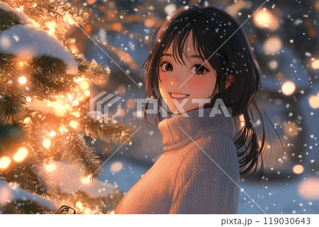 冬の夜、クリスマスツリーとニットを着た女性の心温まるシーン 119030643