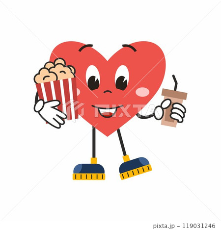 cheerful groove style heart holds popcorn and drink. Retro sticker for Valentine Day on February 14th. cute character for birthday greetings. 119031246