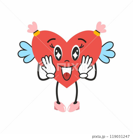 sweet heart of groove with emotion of delight. Retro sticker for Valentine Day on February 14th. cute character for birthday greetings. 119031247