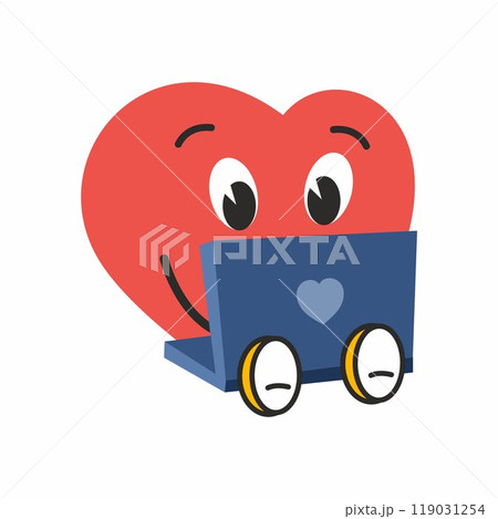 Cheerful groove style heart works on laptop. Retro sticker for Valentine's Day on February 14th. cute character for birthday greetings. Cheerful groove style heart works on laptop. Retro sticker for Valentine's Day on February 14th. cute character for birthday greetings. 119031254