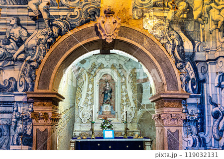 Peniche, Portugal - Mar 06, 2024: Interior and ceramic azulejos of Remedios chapel at Peniche, Portugal. 119032131