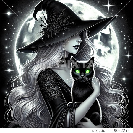 HALLOWEEN 魔女と黒猫　ダークファンタジー風イラスト7【AI生成画像】 119032259