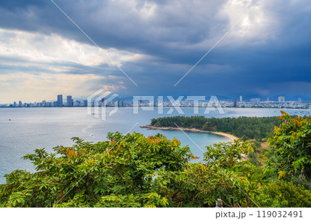 panoramic view of the city of Da Nang in Vietnam in autumn during the rainy season from above from top 119032491