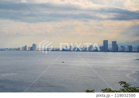panoramic view of Da Nang city in Vietnam in summer in cloudy weather from above from drone 119032500