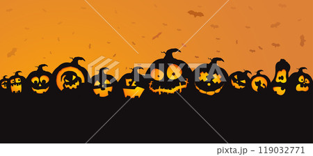halloween various pumpkins at sunset with bats 119032771