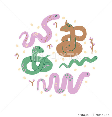 Chinese New Year snake circle emblem. Snakes round badge. Vector hand drawn flat illustration isolated on white background. Chinese New Year snake circle emblem. Snakes round badge. Vector hand drawn flat illustration isolated on white background. 119033227