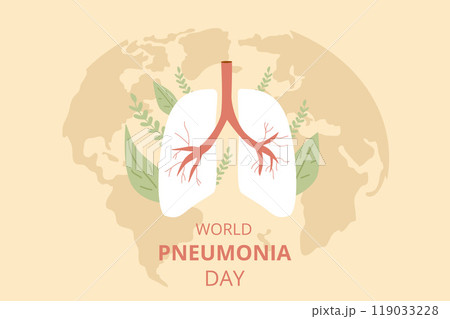 Promoting World Pneumonia Day, featuring lungs and world map background, symbolizing global respiratory health awareness. Vector flat illustration. 119033228
