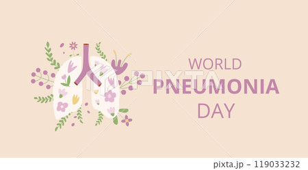 Promoting World Pneumonia Day emblem template. Lungs, flowers, symbolizing global respiratory health awareness. Vector flat illustration. 119033232