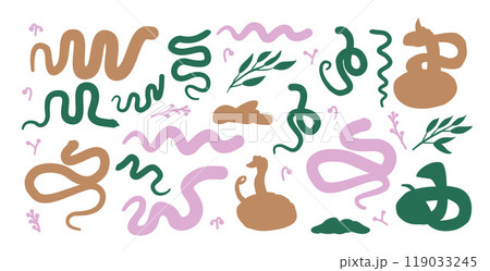 Set of snakes silhouette. Reptiles clip art. Vector hand drawn collection illustration isolated on white background. 119033245