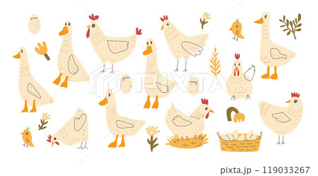 Set of chickens and geese with eggs and farm elements in a cute, whimsical style. Vector hand drawn flat collection illustration isolated on white background. 119033267