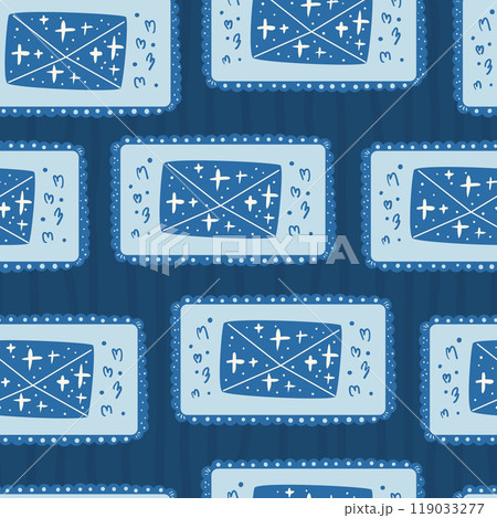 Letter envelope seamless pattern. Frame or stamps holiday endless background. Surface pattern design winter holidays motif. Vector hand drawn illustration. 119033277