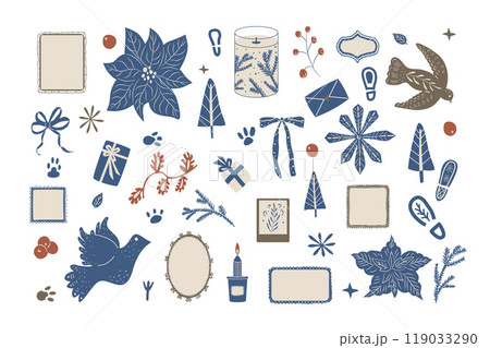 Set of Christmas-themed elements. Winter holidays kit. Vector hand drawn collection illustration isolated on white background. 119033290