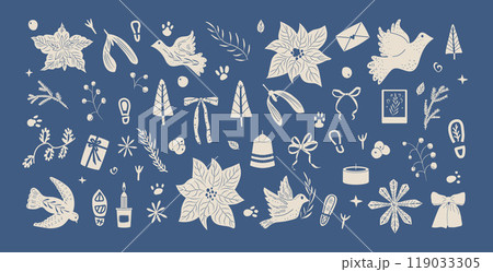 Set of monochrome winter festive elements. Christmas-themed poinsettias, doves, candles, gifts and frames. Vector hand drawn flat collection illustration isolated on blue background. Set of monochrome winter festive elements. Christmas-themed poinsettias, doves, candles, gifts and frames. Vector hand drawn flat collection illustration isolated on blue background. 119033305