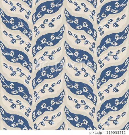 Winter braided floral branch seamless pattern. Calm leaves endless background. Blue and beige foliage geometric repeat cover. Vector hand drawn illustration. 119033312