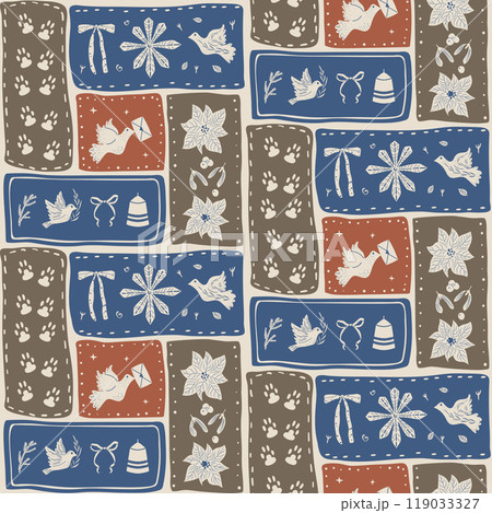 Patchwork seamless pattern with winter festive elements. Doves, prints, poinsettia and candles. Blocks folk winter surface pattern design. Vector hand drawn flat illustration. Patchwork seamless pattern with winter festive elements. Doves, prints, poinsettia and candles. Blocks folk winter surface pattern design. Vector hand drawn flat illustration. 119033327