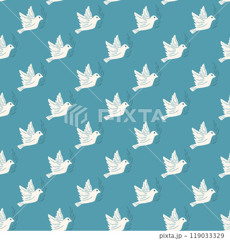 Simple dove of peace seamless pattern. Flying pigeon holding an olive branch on sky repeat background. Surface pattern design calm birds motif. Vector hand drawn illustration. Simple dove of peace seamless pattern. Flying pigeon holding an olive branch on sky repeat background. Surface pattern design calm birds motif. Vector hand drawn illustration. 119033329