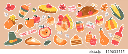 Thanksgiving stickers, doodle autumn icons of turkey, fall leaves, corn, pumpkin and pilgrim hat Thanksgiving stickers, doodle autumn icons of turkey, fall leaves, corn, pumpkin and pilgrim hat 119033515