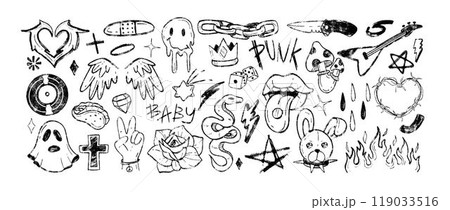 Hand drawn doodle crayon rock n roll music icons or chalk pencil y2k tattoo stickers Hand drawn doodle crayon rock n roll music icons or chalk pencil y2k tattoo stickers 119033516