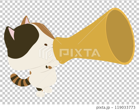 Calico cat speaking through a megaphone Calico cat speaking through a megaphone 119033773