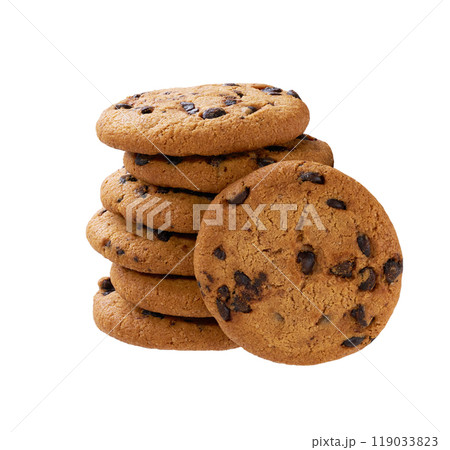 Stack of round chocolate chip cookies isolated on white background. Stack of round chocolate chip cookies isolated on white background. 119033823