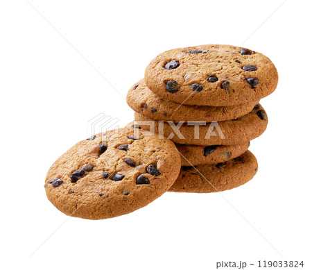 Stack of round chocolate chip cookies isolated on white background. Stack of round chocolate chip cookies isolated on white background. 119033824