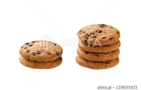 Stack of round chocolate chip cookies isolated on white background. Stack of round chocolate chip cookies isolated on white background. 119033825