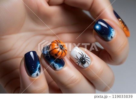 beautiful Halloween style manicure on women's hands beautiful Halloween style manicure on women's hands 119033839