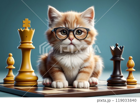 a smart cat sits thoughtfully at a chessboard with a chess piece a smart cat sits thoughtfully at a chessboard with a chess piece 119033840