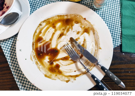 Empty Dinner Plate with Cutlery on Checkered Tablecloth - Concepts of Satisfaction and Dining Empty Dinner Plate with Cutlery on Checkered Tablecloth - Concepts of Satisfaction and Dining 119034077