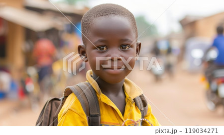 Portrait of Young Schoolboy in Yellow Shirt Smiling in dusty African Village. Back to School concept 119034271