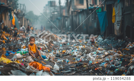 Child in Poverty, Surrounded by Pollution Depicts Social Inequality and Environmental Impact. 119034288