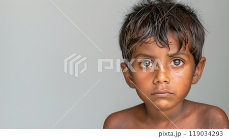 Portrait of a Sad Young Indian Boy Against a Light Grey Background, Poverty and Innocence Concept Portrait of a Sad Young Indian Boy Against a Light Grey Background, Poverty and Innocence Concept 119034293