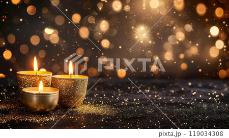 Golden Candles Glow on a Festive Sparkling Background Warm, Golden, Christmas Holiday Atmosphere 119034308