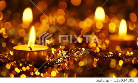 Three Burning Christmas Candles with Sparkling Golden Background for Celebratory Design 119034309