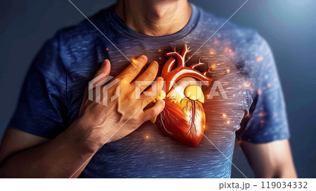 Man clutching his chest, chest pain, heart anatomy infarction, healthcare and medical concepts 119034332